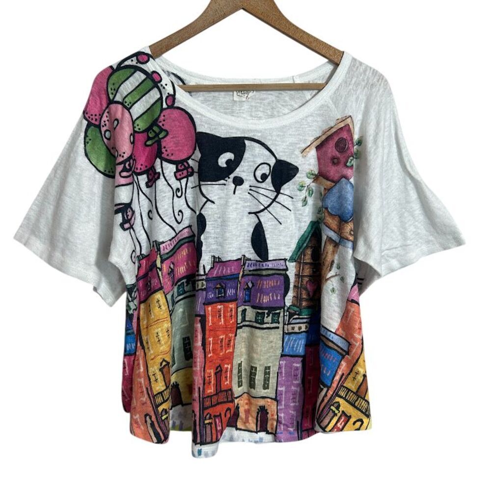 Et Lois Cityscape Cat Print Top L White Short Sleeve Boxy Knit Blouse USA